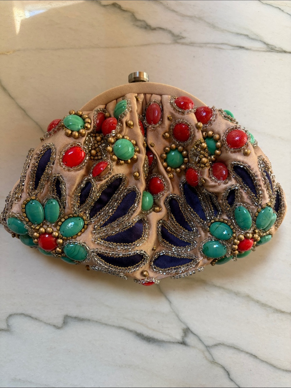 Santo beaded Embellished Floral Clutch, Beige, Turquoise & Red & Navy w chain